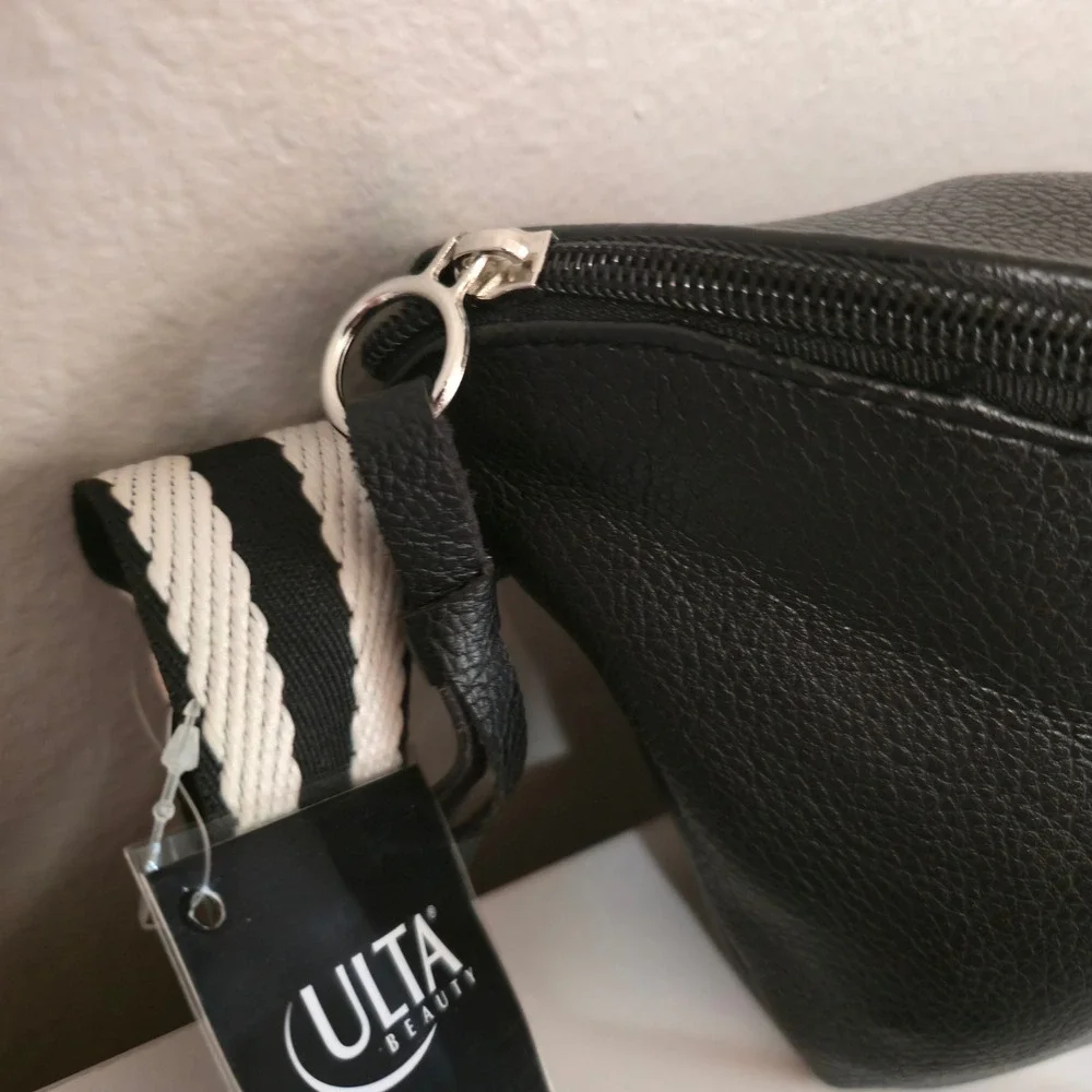 Ulta Beauty Black Pebbled Faux Leather Belt Bag Striped Guitar Strap NWT